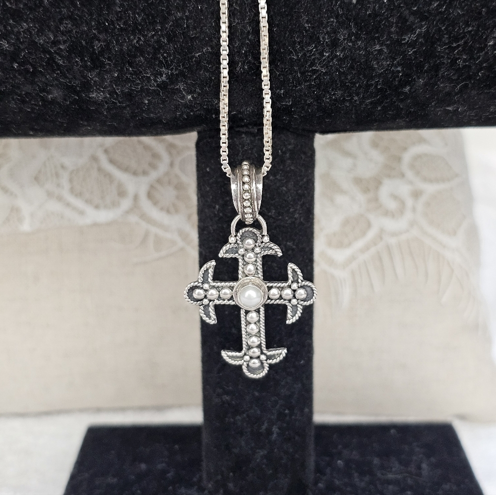 BA Indonesia 925 Silver Cross Necklace With White Pearl - Picture 3 of 11